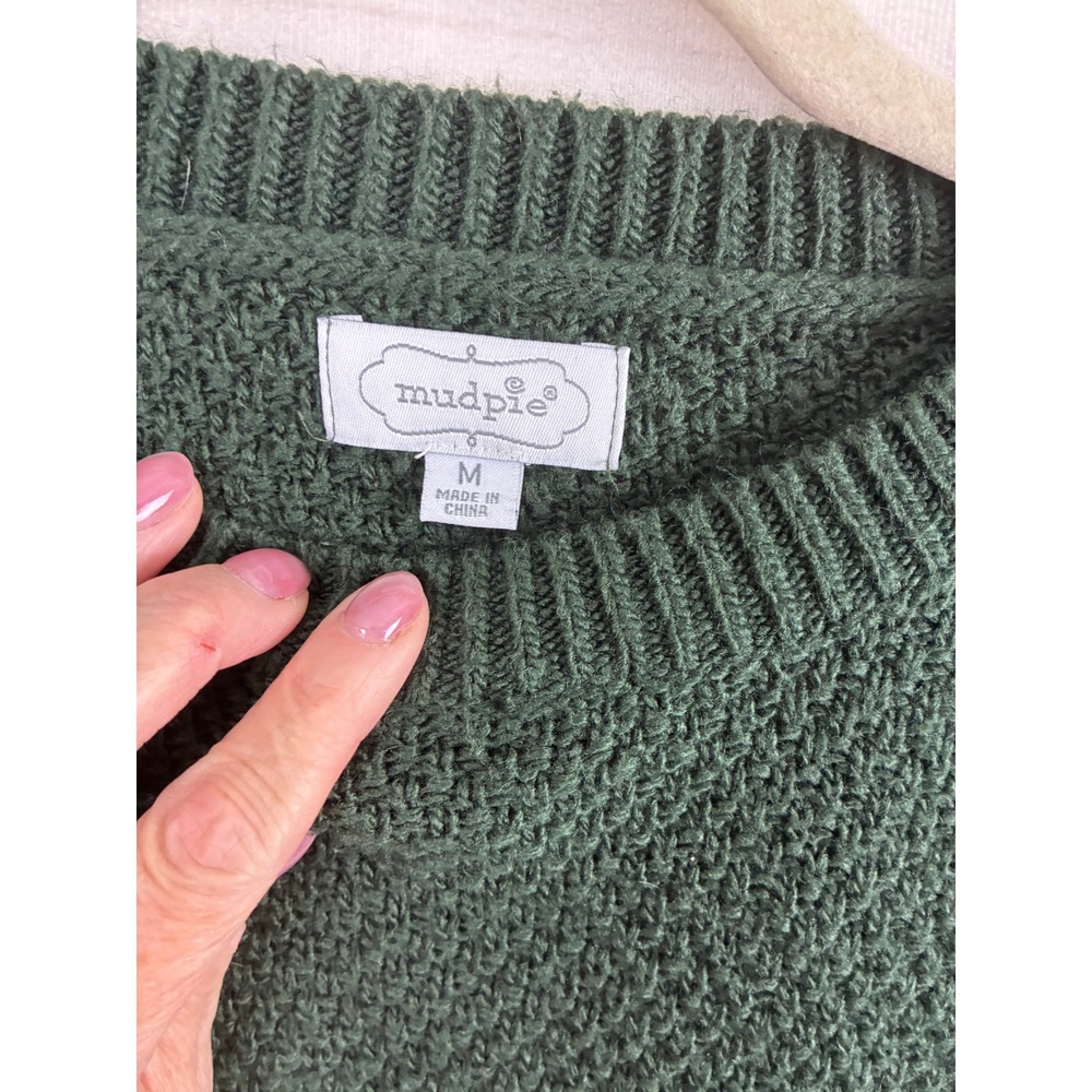Mud Pie Green Textured Knit Tassel Sleeve Sweater Womens Medium Pullover - Picture 5 of 7